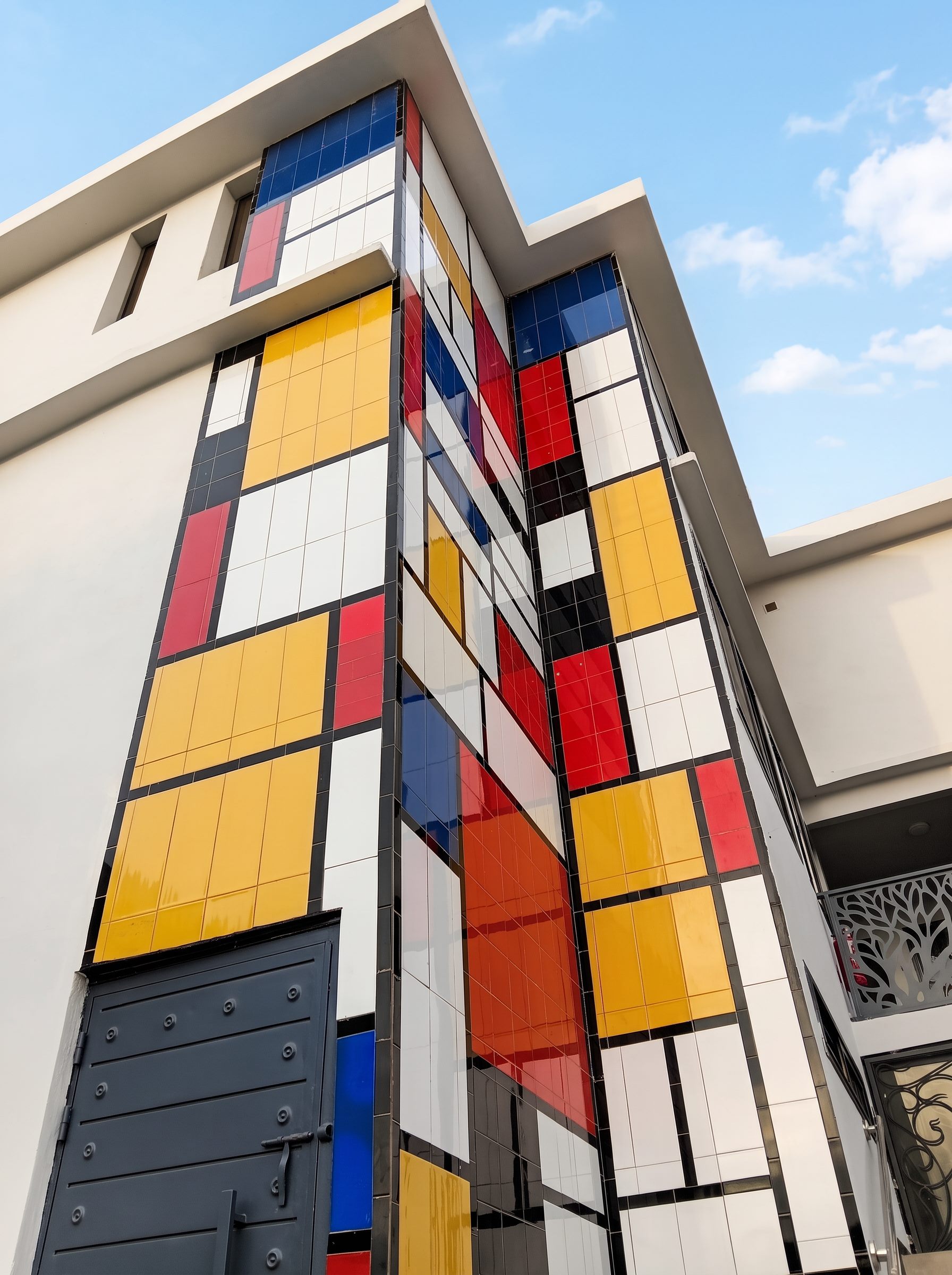 Façade de la résidence décorée de panneaux géométriques colorés
